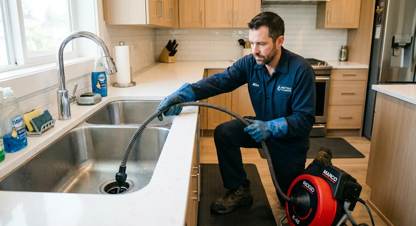 Drain cleaning technician using a motorized snake on a kitchen sink in River Road
