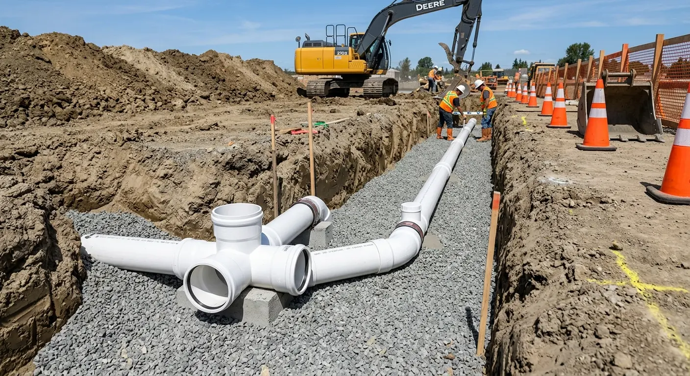 New PVC sewer pipe installation in open trench for Commercial Drain Cleaning in River Road